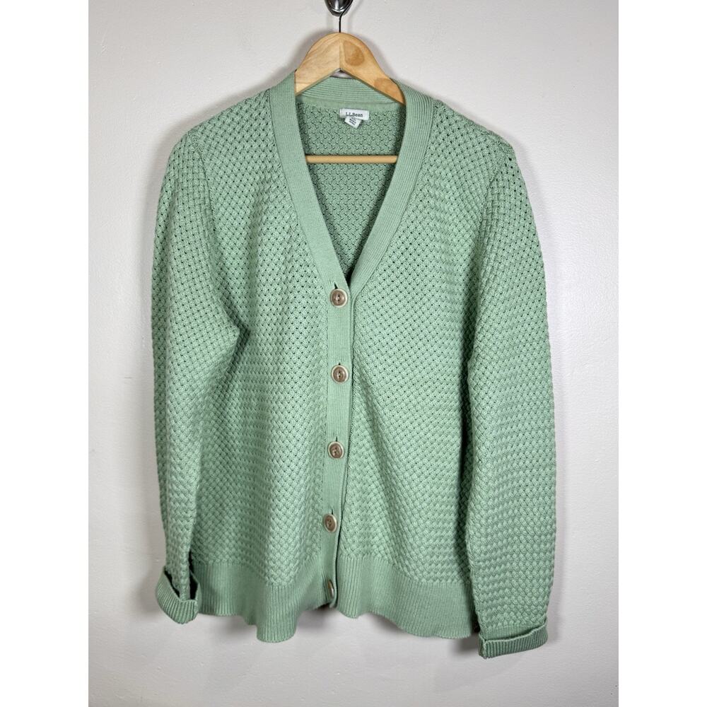 L.L. Bean Cardigan Sweater Plus Size 1X knit Button Up Coastal 100% Cotton Green